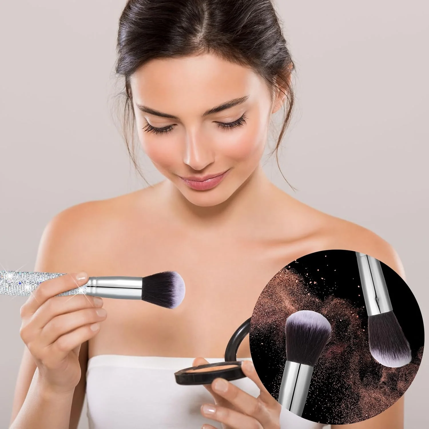 ست ۱۳ عددی برس آرایشی نگین دار Nuogo، ۱۲ برس حرفه ای کریستالی براق برای صورت، ترکیب، کرم پودر مایع، پودر، کانسیلر، سایه چشم، ابزار آرایشی براق به همراه ۱ عدد نگهدارنده