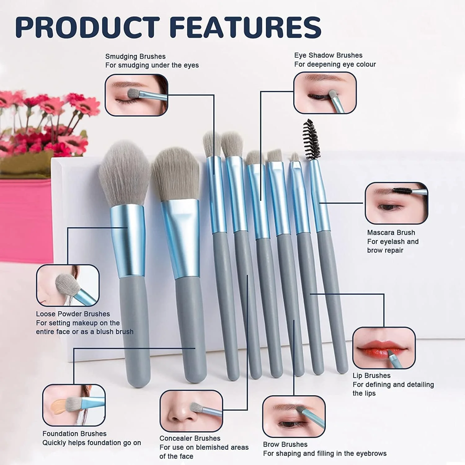 ست برس آرایشی ساکلاک، 8 تکه برس آرایشی حرفه ای شامل برس کرم پودر، برس ترکیب کننده، ابزار آرایشی، ست آرایشی، برس آرایشی + 1 پد ست برس آرایشی ساکلاک، 8 تکه برس آرایشی حرفه ای شامل برس کرم پودر، برس ترکیب کننده، ابزار آرایشی، ست آرایشی، برس آرایشی + 1 پد