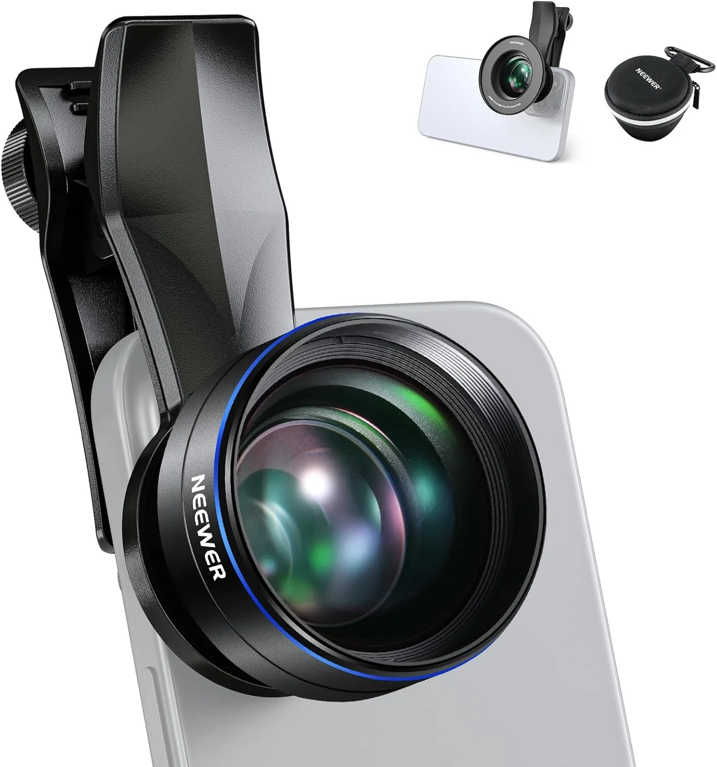لنز تله فوتو 60 میلی‌متری NEEWER با بزرگنمایی 2 برابر، گیره لنز پیچی 17 میلی‌متری و حلقه آداپتور فیلتر 67 میلی‌متری برای لنز گوشی‌های هوشمند و لنز دوربین سازگار با آیفون سامسونگ LS-41 PRO