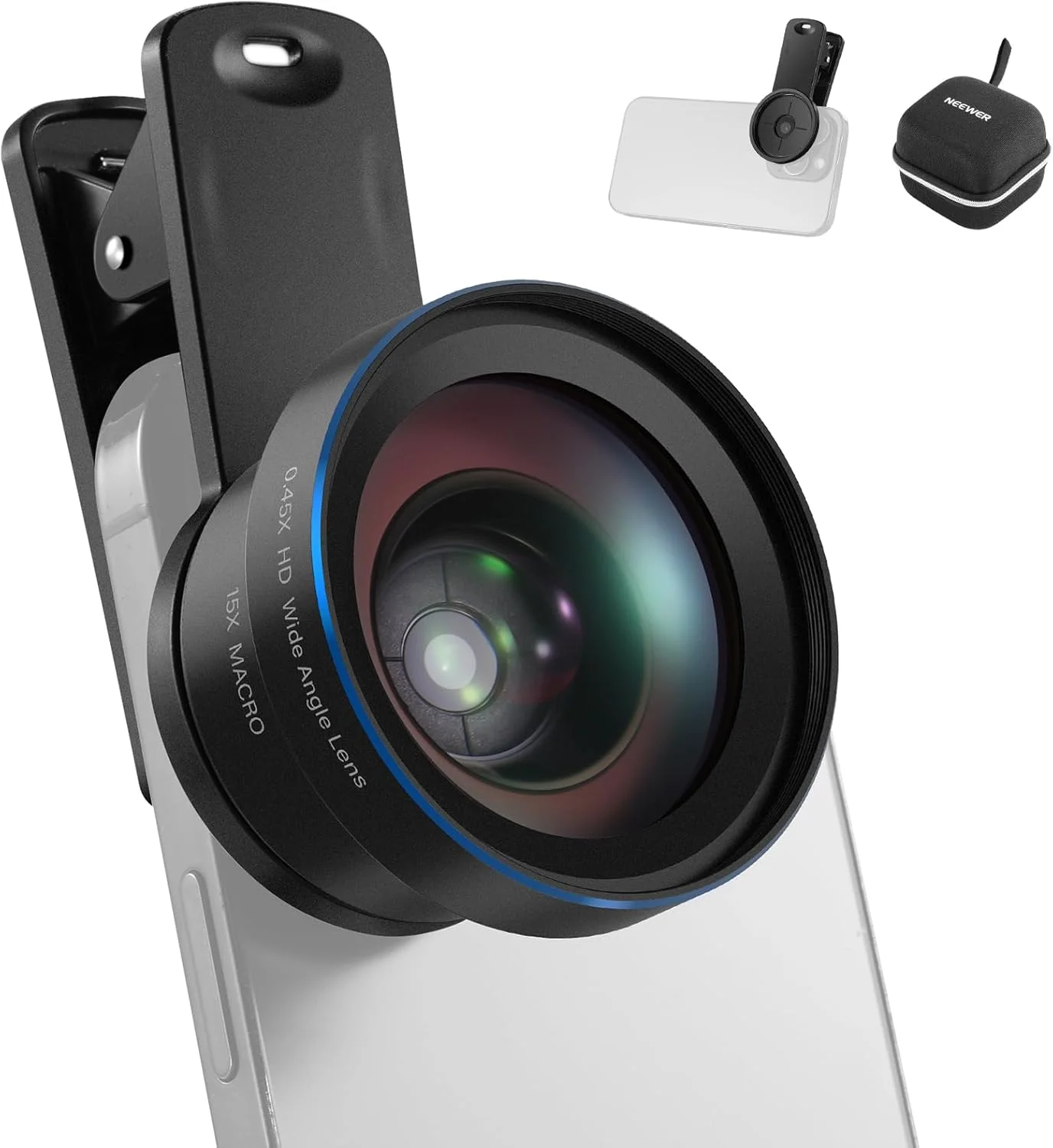 کیت لوازم جانبی لنز دوربین گوشی موبایل 2 در 1 NEEWER BASICS، زاویه دید عریض HD 0.45x + ماکرو 15x، گیره لنز، حلقه آداپتور فیلتر جداشدنی 17 میلی‌متر به 37 میلی‌متر سازگار با گوشی‌های هوشمند آیفون سامسونگ اندروید، LS-67