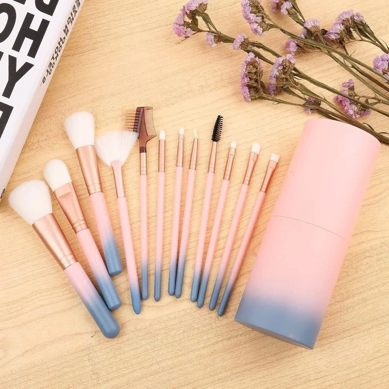 SHRIRAYS 12+1 pcs Makeup Brush Set with Case & Blending Brush, Face And Eyeshadow Makeup Brush Kit, Synthetic Bristles Cosmetic Brush Set (Light Pink and Pack of 1)