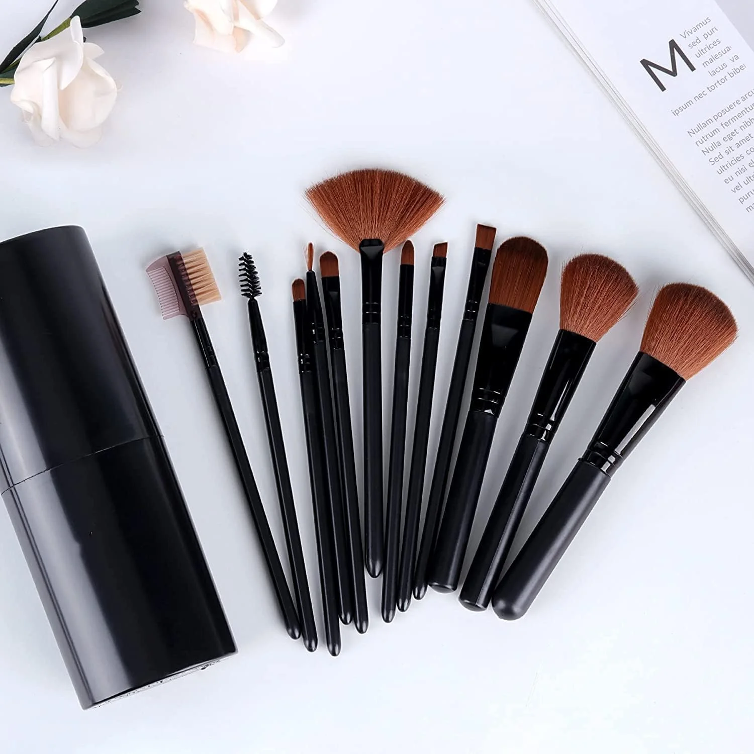 SHRIRAYS Black Makeup Brush Set With Storage Barrel - Pack of 12