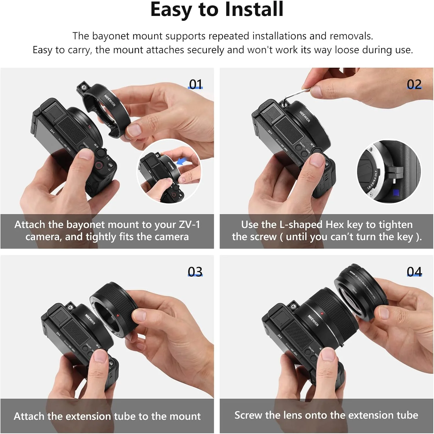 لنز زاویه باز NEEWER سازگار با دوربین Sony ZV1، لنز اضافی 2 در 1 با زاویه باز 18 میلی‌متری HD و ماکرو 0.75x به همراه لوله افزایش طول، آداپتور لنز سرنیزه‌ای، پارچه تمیزکننده (قاب مشکی)