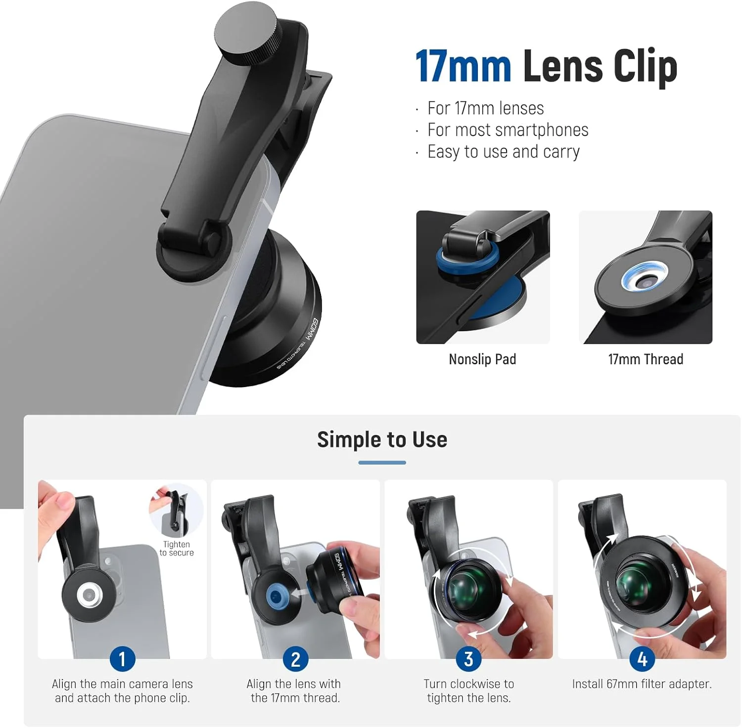 لنز تله فوتو 60 میلی‌متری NEEWER با بزرگنمایی 2 برابر، گیره لنز پیچی 17 میلی‌متری و حلقه آداپتور فیلتر 67 میلی‌متری برای لنز گوشی‌های هوشمند و لنز دوربین سازگار با آیفون سامسونگ LS-41 PRO