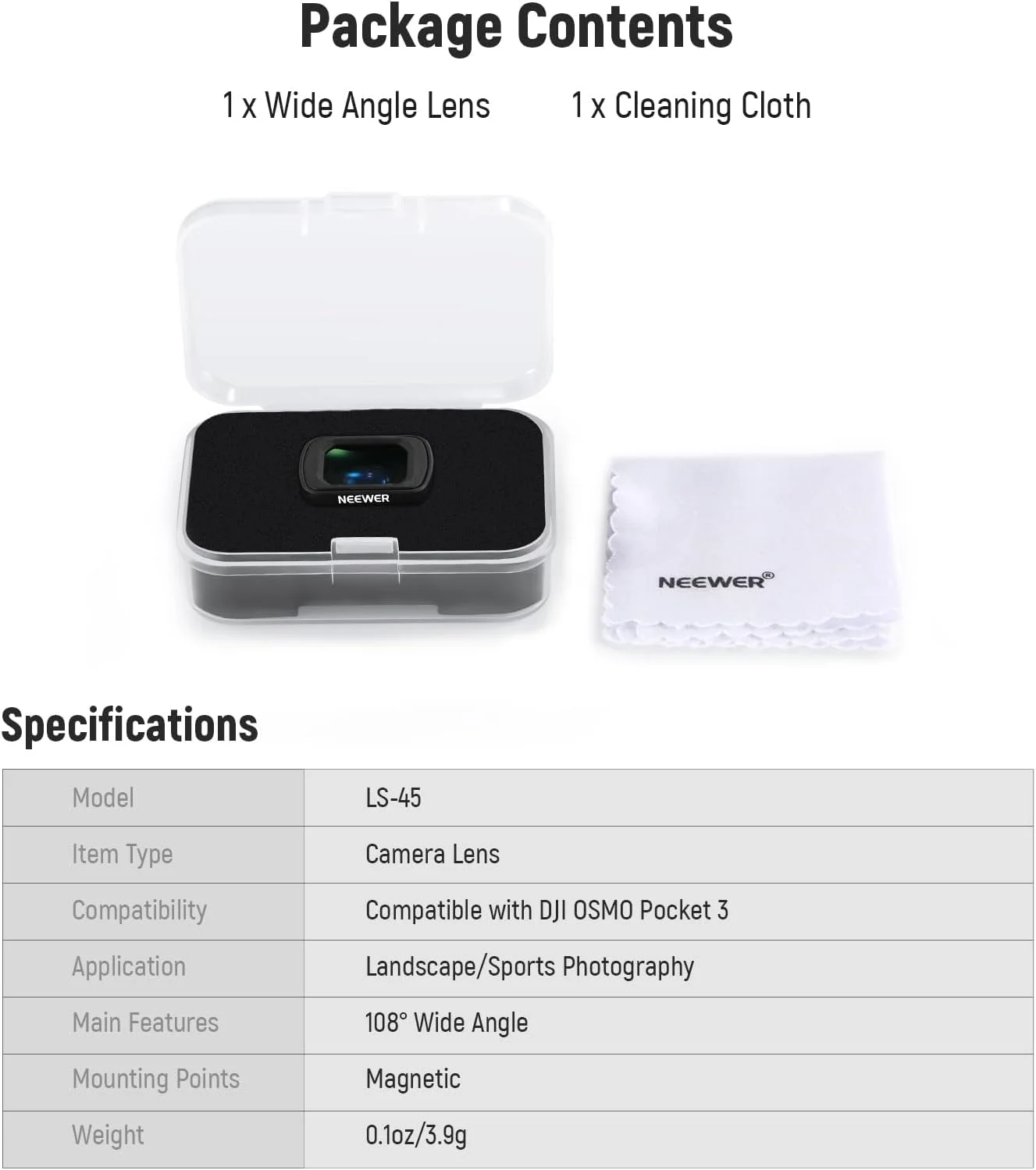 لنز واید انگل 0.75X نیور سازگار با لوازم جانبی کمبو DJI OSMO Pocket 3 Creator، میدان دید گسترده 108 درجه، لنز دوربین اکشن آسفریک پوشش‌دار مغناطیسی، LS-45