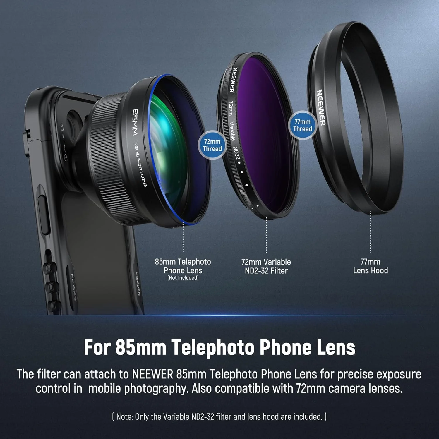 فیلتر ND متغیر 72 میلی‌متری NEEWER با هود لنز 77 میلی‌متری، فیلتر تراکم خنثی قابل تنظیم ND2-32 1-5 استاپ برای لنز تله فوتو 85 میلی‌متری NEEWER و لنز دوربین 72 میلی‌متری، مدل FL-99