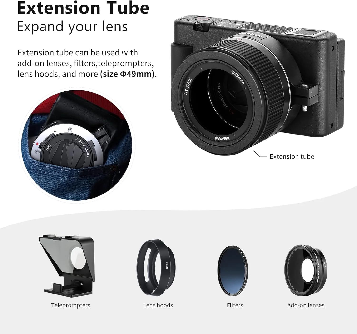 لنز زاویه باز NEEWER سازگار با دوربین Sony ZV1، لنز اضافی 2 در 1 با زاویه باز 18 میلی‌متری HD و ماکرو 0.75x به همراه لوله افزایش طول، آداپتور لنز سرنیزه‌ای، پارچه تمیزکننده (قاب مشکی)