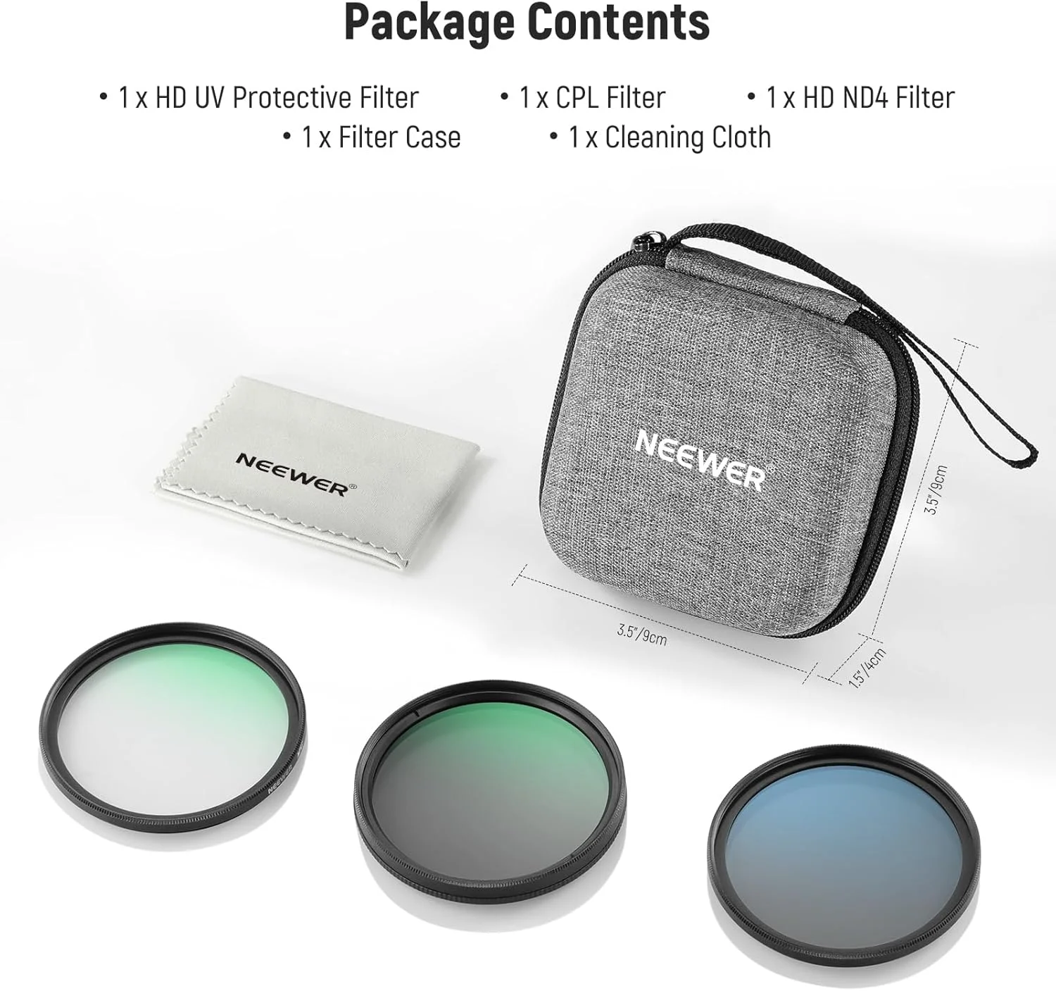 کیت فیلتر لنز NEEWER 49mm UV&CPL&ND4 با کیف هارد شل، شیشه اپتیکال و فریم آلیاژ آلومینیوم، مجموعه فیلترهای UV + پلاریزه دایره ای (CPL) + چگالی خنثی با جعبه نگهداری برای لنز دوربین 49mm