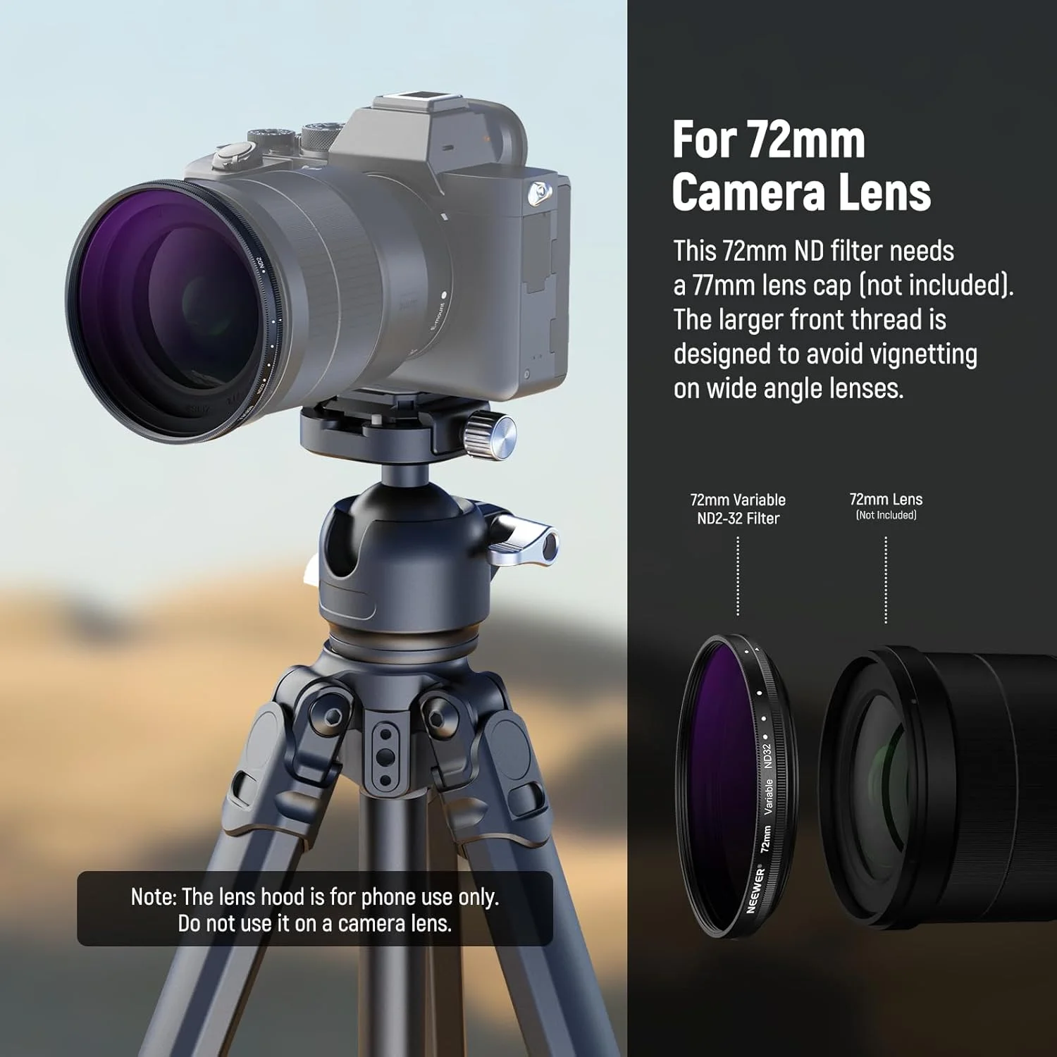فیلتر ND متغیر 72 میلی‌متری NEEWER با هود لنز 77 میلی‌متری، فیلتر تراکم خنثی قابل تنظیم ND2-32 1-5 استاپ برای لنز تله فوتو 85 میلی‌متری NEEWER و لنز دوربین 72 میلی‌متری، مدل FL-99