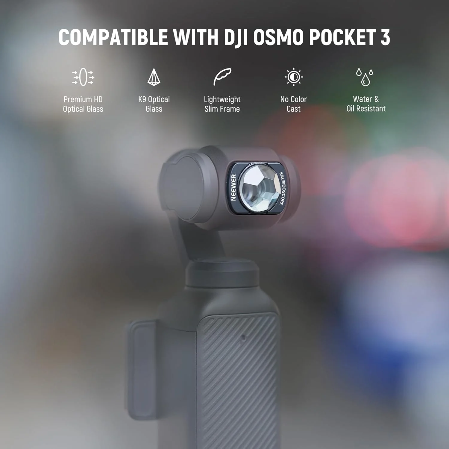 فیلتر منشوری کالیدوسکوپ NEEWER سازگار با لوازم جانبی DJI Osmo Pocket 3 Creator Combo، فیلتر لنز دوربین گیمبال شیشه ای اپتیکال HD چند لایه مغناطیسی با محافظ صفحه نمایش، مدل FL-C39