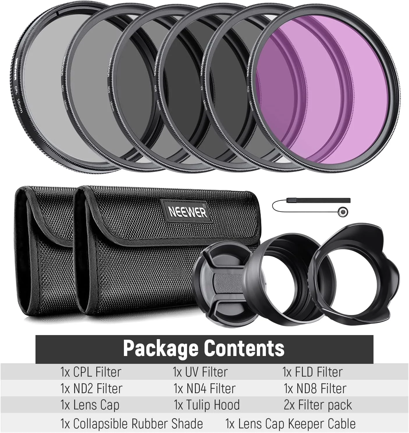 کیت فیلتر لنز حرفه ای Neewer 58mm UV CPL FLD و فیلتر چگالی خنثی ND (ND2, ND4, ND8) لوازم جانبی برای دوربین Canon Rebel و EOS