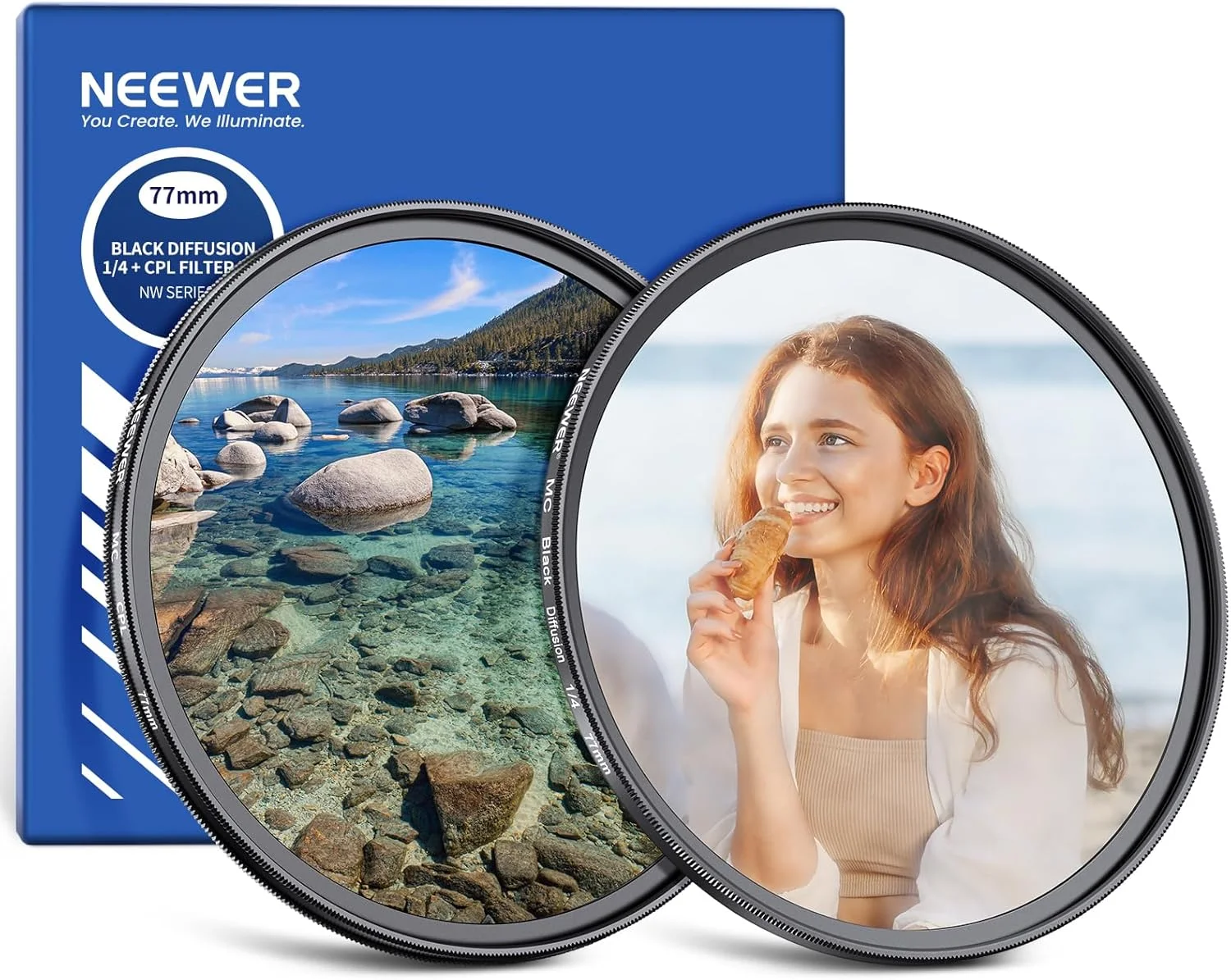 مجموعه فیلتر 77 میلی‌متری NEEWER شامل CPL + Black Mist Diffusion 1/4 (بسته 2 عددی)، فیلتر پلاریزه دایره‌ای شیشه اپتیکال چندلایه و فیلتر جلوه‌های سینمایی نرم و رویایی برای لنز دوربین