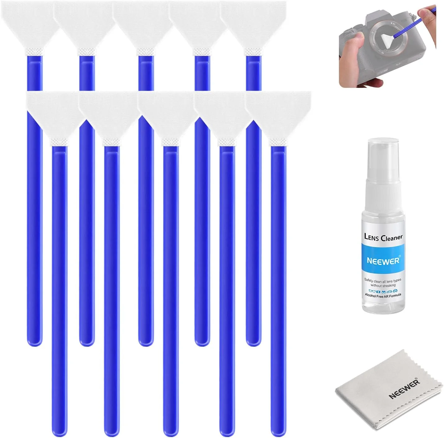 کیت تمیز کننده لنز دوربین نیور 12 در 1 برای دوربین های DSLR، لوازم الکترونیکی، تلفن ها، تبلت ها، 10 عدد سواب تمیز کننده برای سنسور 16 میلی متری APS-C + 1 عدد اسپری تمیز کننده + 1 عدد پارچه، HM-47
