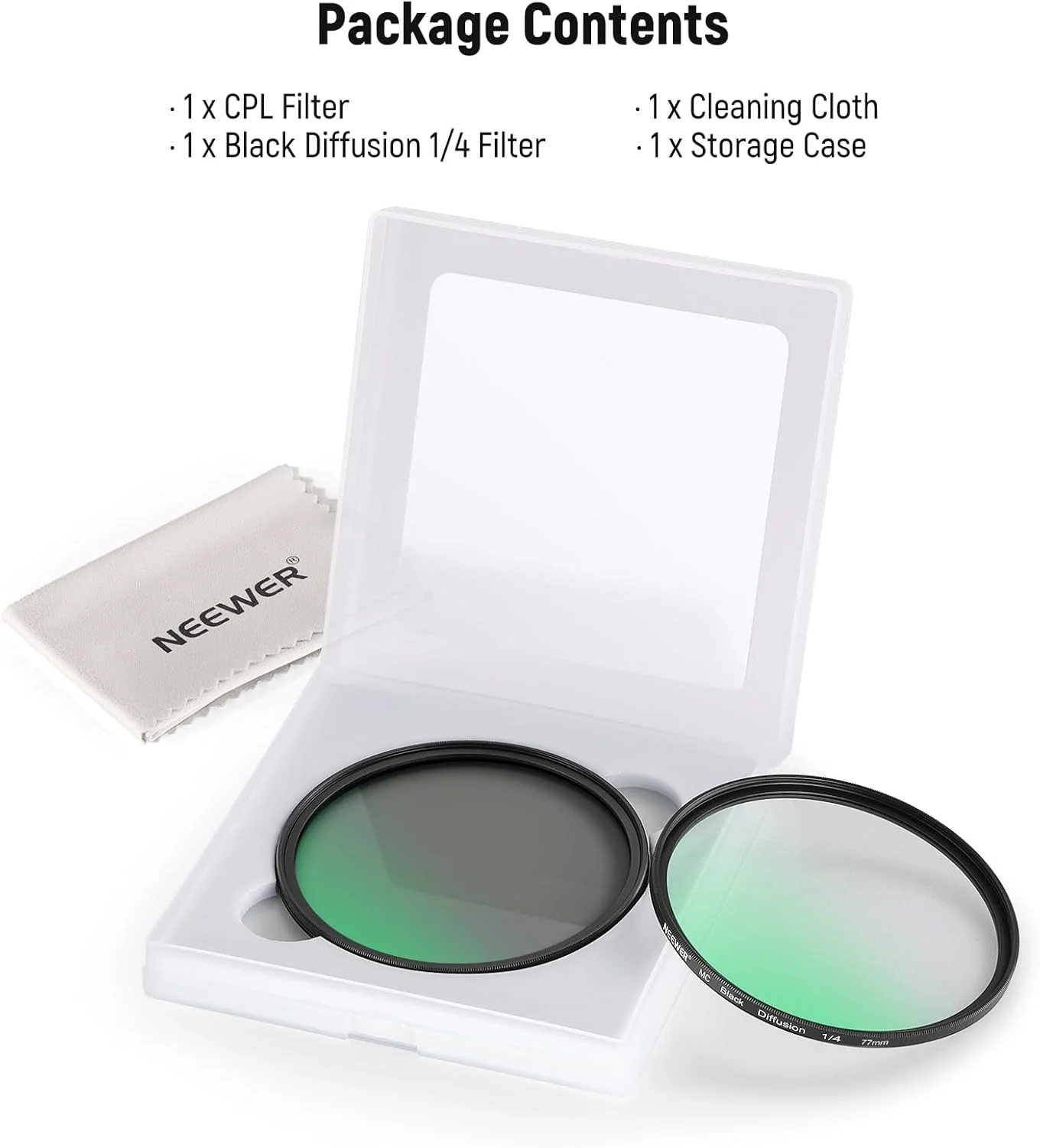 مجموعه فیلتر 77 میلیمتری NEEWER شامل CPL + Black Mist Diffusion 1/4 (بسته 2 عددی)، فیلتر پلاریزه دایرهای شیشه اپتیکال چندلایه و فیلتر جلوههای سینمایی نرم و رویایی برای لنز دوربین مجموعه فیلتر 77 میلیمتری NEEWER شامل CPL + Black Mist Diffusion 1/4 (بسته 2 عددی)، فیلتر پلاریزه دایرهای شیشه اپتیکال چندلایه و فیلتر جلوههای سینمایی نرم و رویایی برای لنز دوربین