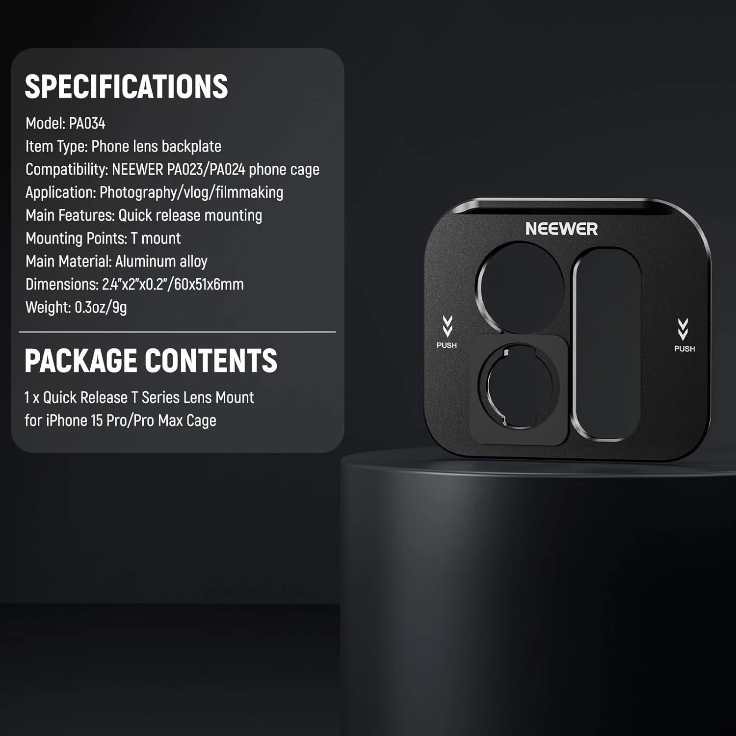 صفحه نصب لنز سری T نیور، صفحه پشتی برای قفس تلفن آیفون 15 پرو و آیفون 15 پرو مکس (PA023 و PA024)، آداپتور نصب سریع، سازگار با لنزهای موبایل سری Moment T، مدل PA034