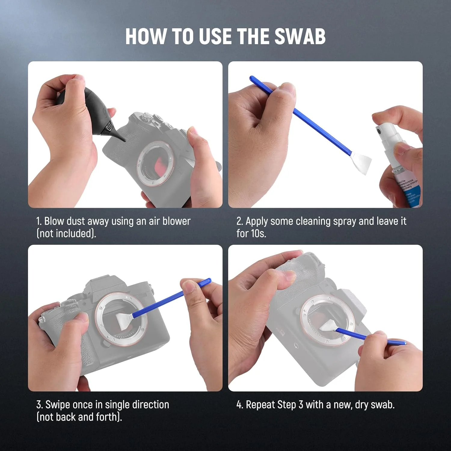 کیت تمیز کننده لنز دوربین نیور 12 در 1 برای دوربین های DSLR، لوازم الکترونیکی، تلفن ها، تبلت ها، 10 عدد سواب تمیز کننده برای سنسور 16 میلی متری APS-C + 1 عدد اسپری تمیز کننده + 1 عدد پارچه، HM-47