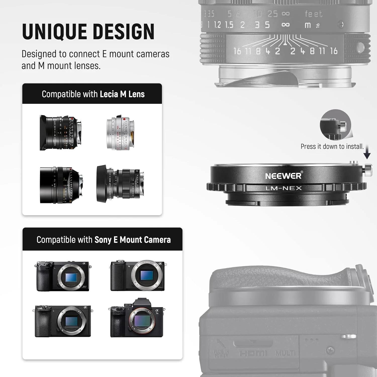 آداپتور لنز Neewer با حلقه فوکوس دستی سازگار با لنزهای Leica M Mount به دوربین های Sony E Mount، سازگار با Sony A1 A9 A7 A7C A7R A7S A6600 A6400 A5000 NEX-7 NEX-6 NEX-5 ZV-E10 FX30