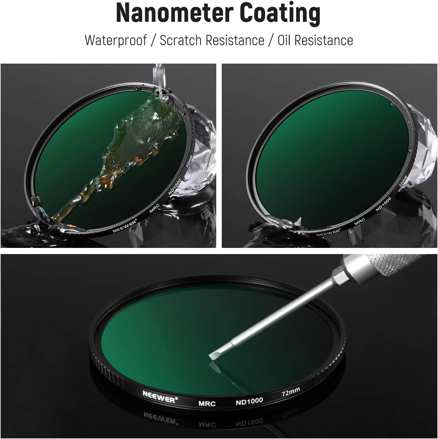کیت فیلتر ND ثابت 72 میلی‌متری NEEWER شامل فیلترهای ND1000، ND64، ND8 و ND4 با پوشش نانو 30 لایه دو طرفه، شیشه اپتیکال HD، بسیار باریک، ضد آب، ضد خش و کیف ضد آب