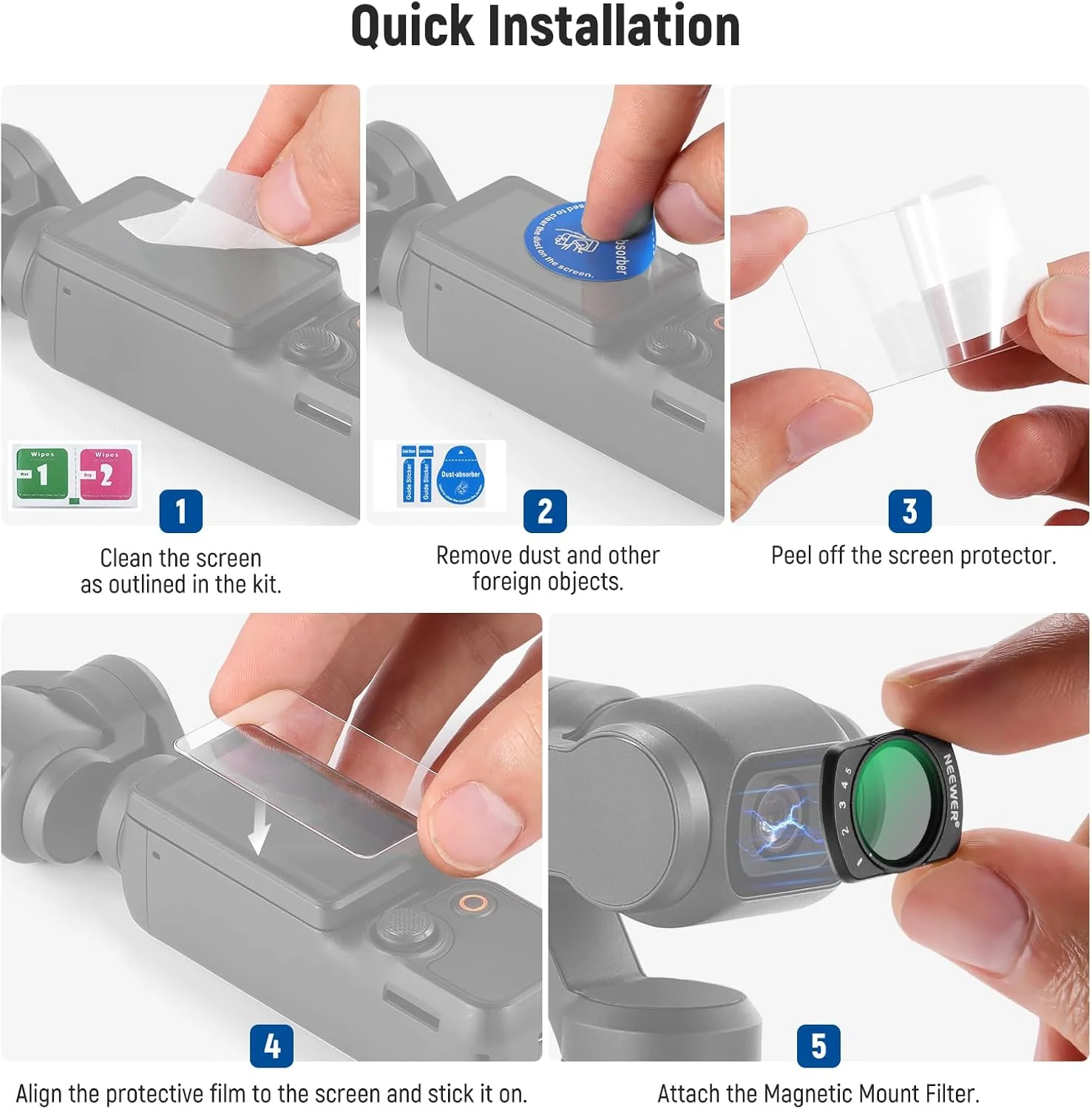 فیلتر ND متغیر NEEWER سازگار با لوازم جانبی DJI Osmo Pocket 3 Creator Combo، فیلتر مغناطیسی با چگالی خنثی قابل تنظیم ND2-32 برای لنز دوربین اکشن، 2 محافظ صفحه نمایش، 2 پارچه تمیز کننده