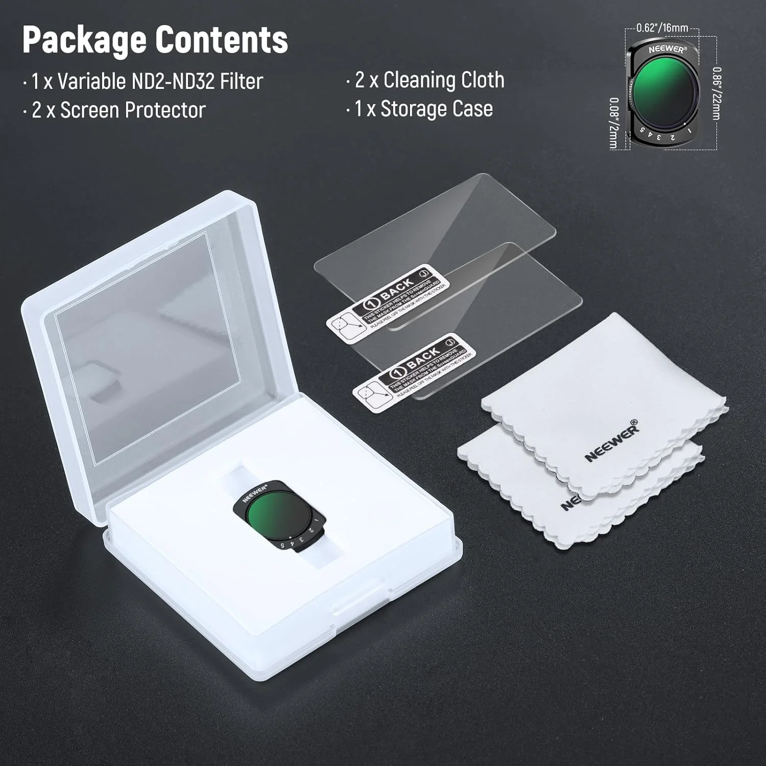 فیلتر ND متغیر NEEWER سازگار با لوازم جانبی DJI Osmo Pocket 3 Creator Combo، فیلتر مغناطیسی با چگالی خنثی قابل تنظیم ND2-32 برای لنز دوربین اکشن، 2 محافظ صفحه نمایش، 2 پارچه تمیز کننده