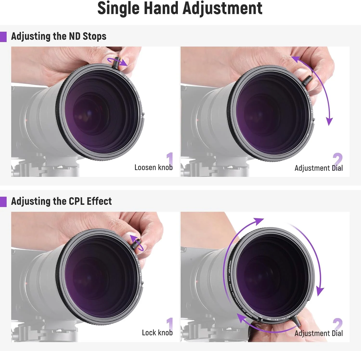 فیلتر رنگی واقعی متغیر ND و CPL نیور 52 میلی‌متری با اهرم، ND3-64 (1.5-6 استاپ)، فیلتر تراکم خنثی 2 در 1 و CPL قابل تنظیم، شیشه اپتیکال چند لایه HD/فریم آلومینیومی/مقاوم در برابر خش