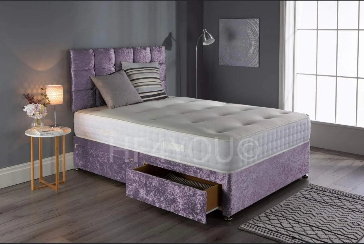 تخت دیوان مخملی له شده سیف GHOST BEDS با تشک فنری مموری، 2 کشو و تاج تخت توری 24 اینچی (تک نفره 3 فوت، بنفش)