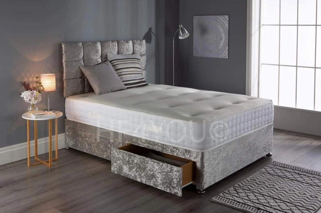 تخت دیوان مخملی خرد شده سیف GHOST BEDS با تشک فنری مموری، 2 کشو و تاج تخت توری 24 اینچی (تک نفره 3 فوت، نقره ای)