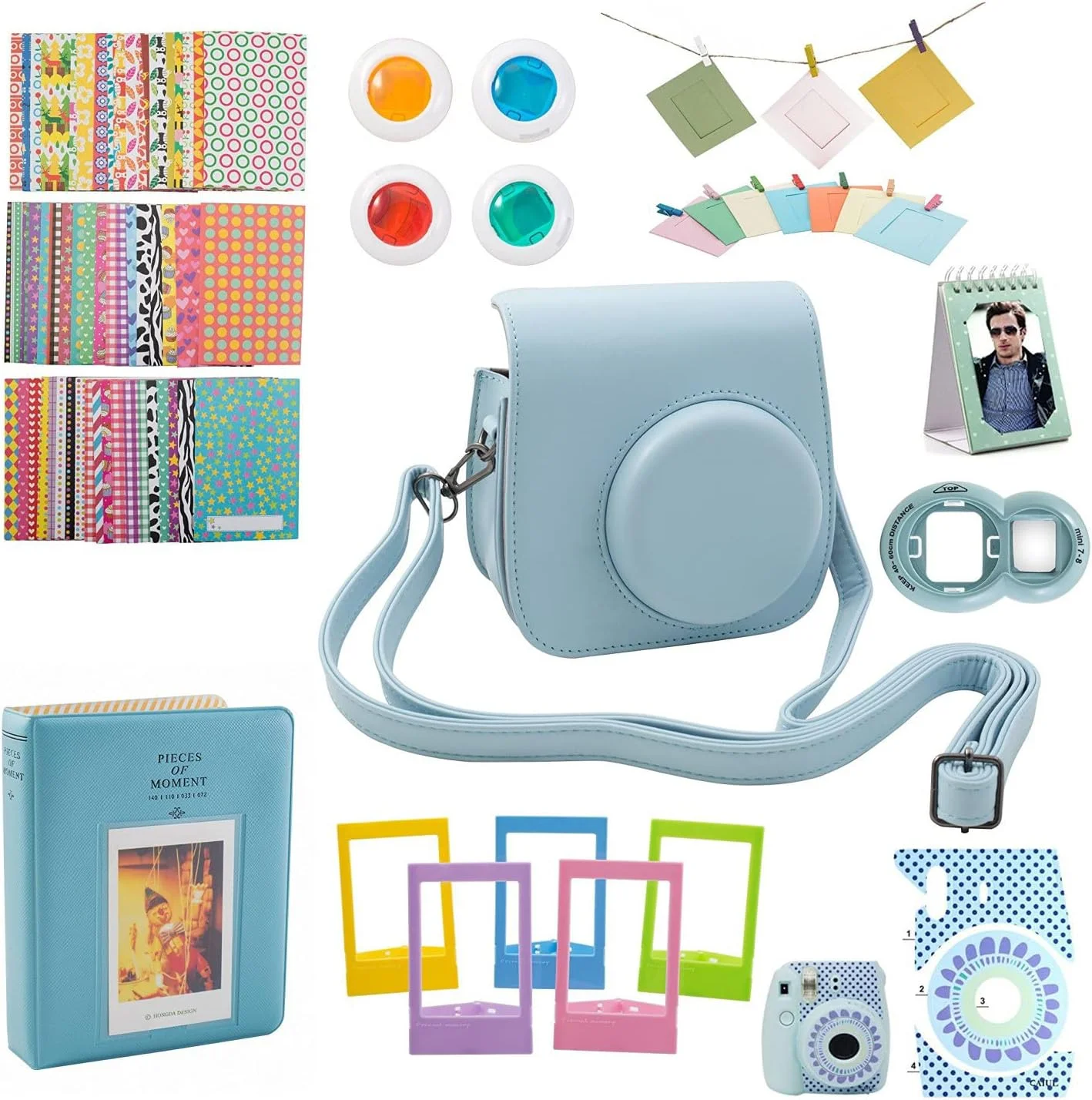 کیت 9 در 1 eWINNER سازگار با دوربین فیلم فوری فوجی‌فیلم اینستکس مینی 9/8s/8 شامل کیف دوربین، بند، آینه سلفی، فیلتر، آلبوم، قاب عکس، دفترچه رومیزی و لوازم جانبی برچسب عکس