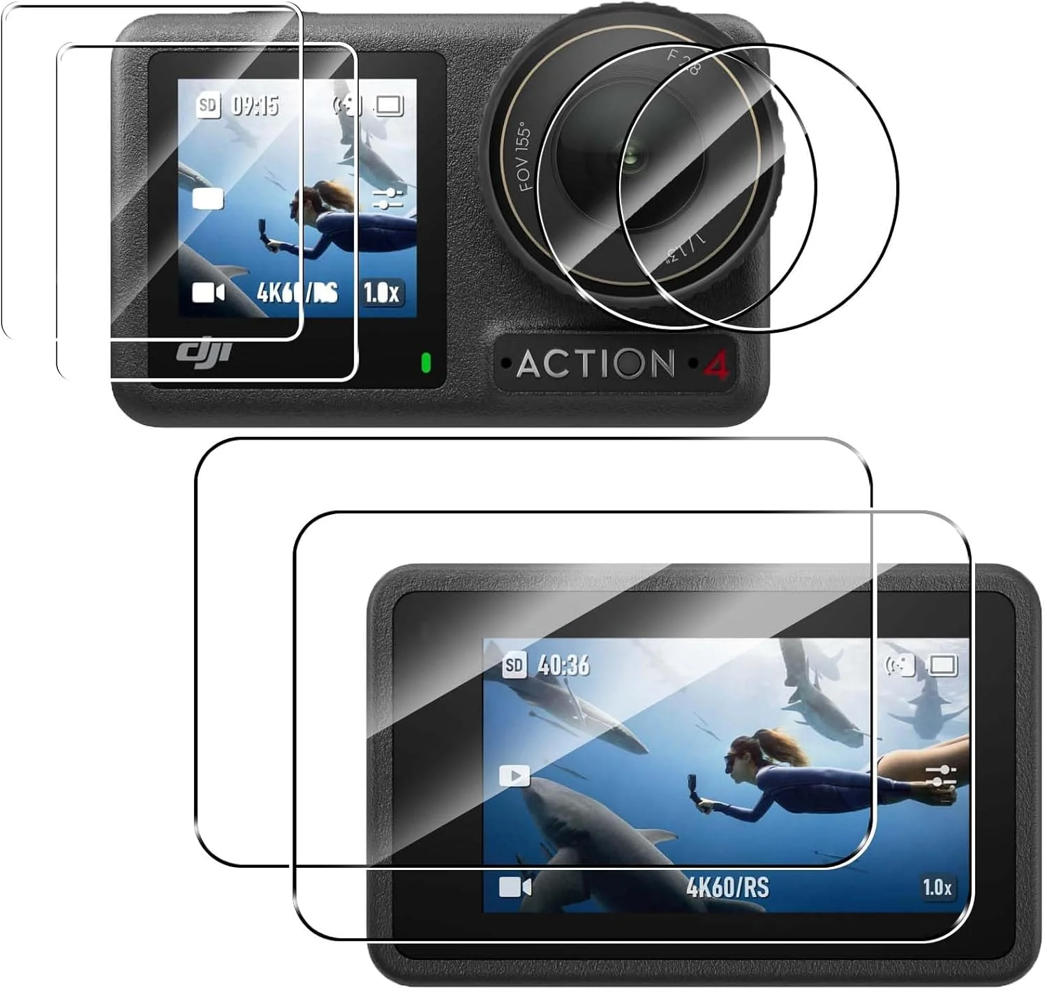 محافظ صفحه نمایش شیشه ای حرارت دیده eWINNER، 6 عددی، سازگار با دوربین DJI OSMO Action 4 | 2 محافظ صفحه نمایش جلو و 2 محافظ صفحه نمایش پشت + 2 عدد فویل فیلم لنز برای لوازم جانبی دوربین OSMO Action4