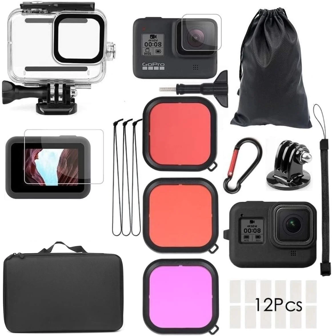 مجموعه لوازم جانبی دوربین اکشن eWINNER - سازگار با قاب ضد آب Gopro Hero 8 black + فیلتر لنز + کیف حمل ضد آب + محافظ صفحه نمایش و لنز شیشه ای حرارت دیده + کیت لوازم جانبی آستین سیلیکونی دوربین