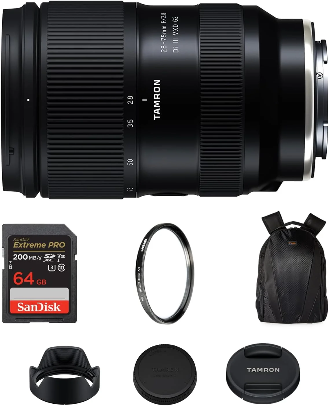 لنز تامرون 28-75mm f/2.8 Di III VXD G2 (مانت سونی E) به همراه فوکوس خودکار سریع و فوکوس نزدیک 7.1 اینچی، کارت حافظه 64 گیگابایتی Extreme PRO SDXC با سرعت خواندن 200 مگابایت بر ثانیه، فیلتر UV تیفن 67 میلی‌متری و کیت کوله پشتی دوربین