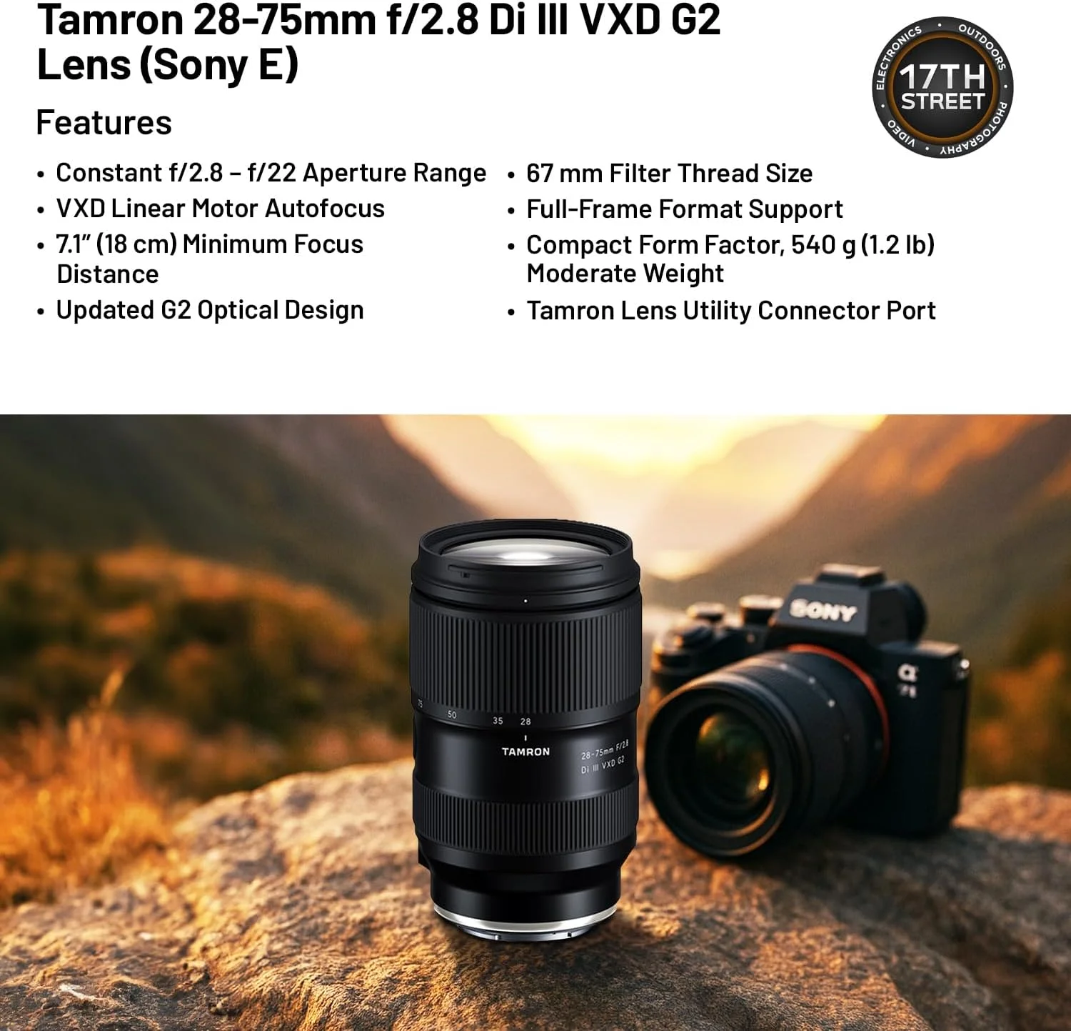 لنز تامرون 28-75mm f/2.8 Di III VXD G2 (مانت سونی E) به همراه فوکوس خودکار سریع و فوکوس نزدیک 7.1 اینچی، کارت حافظه 64 گیگابایتی Extreme PRO SDXC با سرعت خواندن 200 مگابایت بر ثانیه، فیلتر UV تیفن 67 میلیمتری و کیت کوله پشتی دوربین لنز تامرون 28-75mm f/2.8 Di III VXD G2 (مانت سونی E) به همراه فوکوس خودکار سریع و فوکوس نزدیک 7.1 اینچی، کارت حافظه 64 گیگابایتی Extreme PRO SDXC با سرعت خواندن 200 مگابایت بر ثانیه، فیلتر UV تیفن 67 میلیمتری و کیت کوله پشتی دوربین