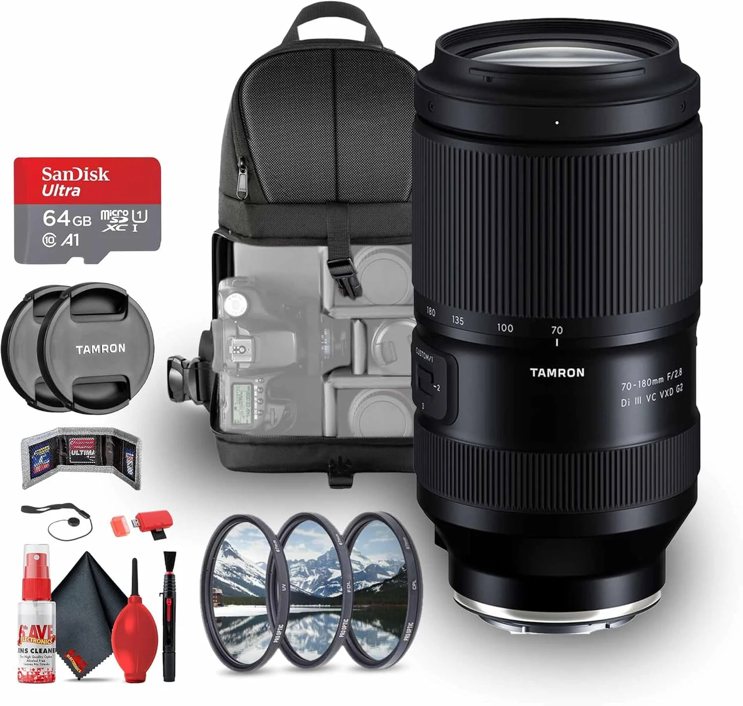 لنز تامرون 70-180mm f/2.8 Di III VC VXD G2 برای Sony E (AFA065S-700) به همراه کارت حافظه 64 گیگابایتی، کیت فیلتر 3 تکه، کوله پشتی، کارت خوان، کیف کارت، کیت تمیز کننده کامل، درپوش لنز
