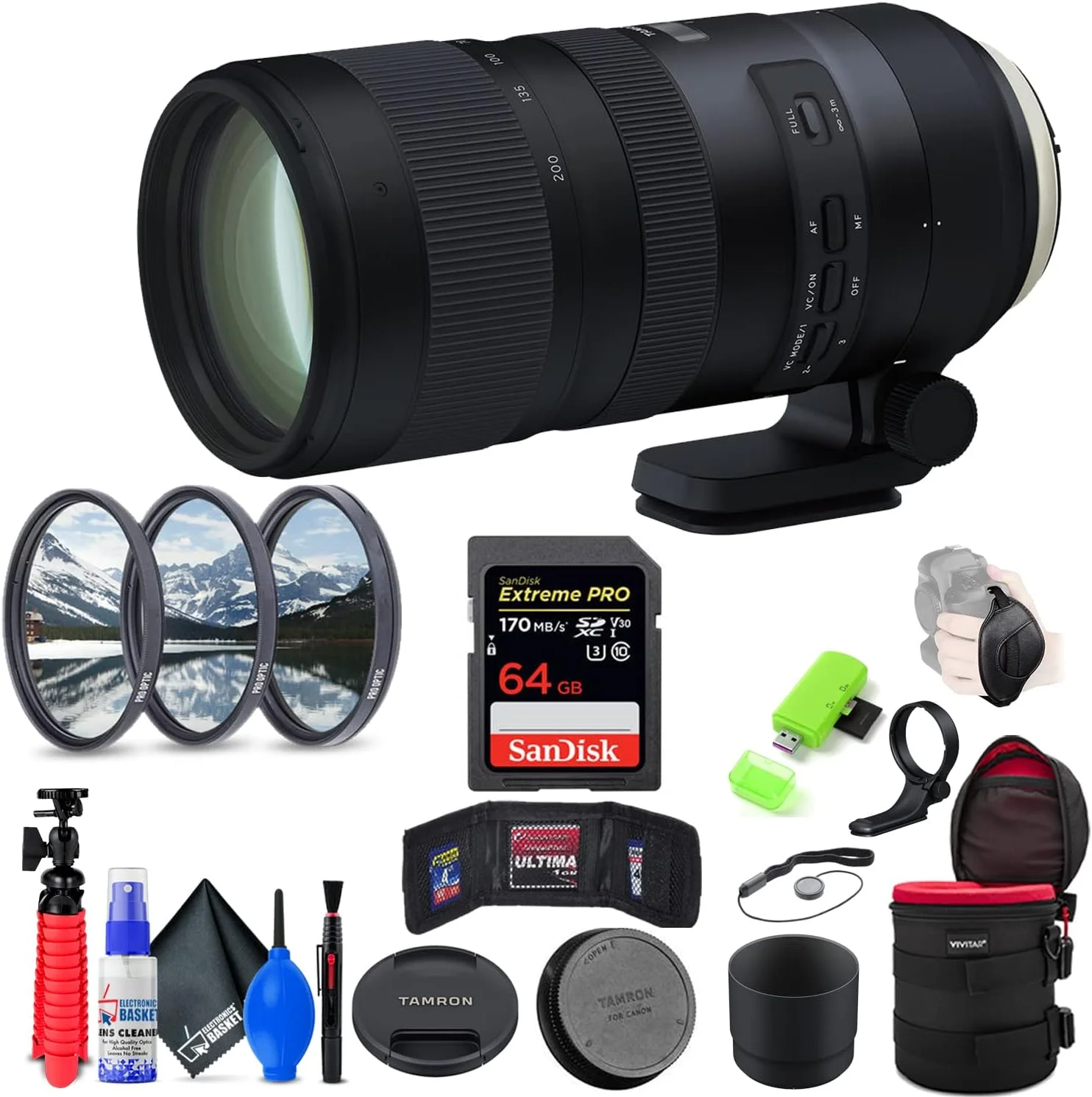 لنز تامرون SP 70-200mm f/2.8 Di VC USD G2 سازگار با نیکون F (مدل بین المللی) به همراه کارت حافظه 64 گیگابایتی Extreme Pro SD + فیلتر 77 میلی متری + کیف لنز 10 اینچی + کیف کارت حافظه + بند + کیت تمیز کننده