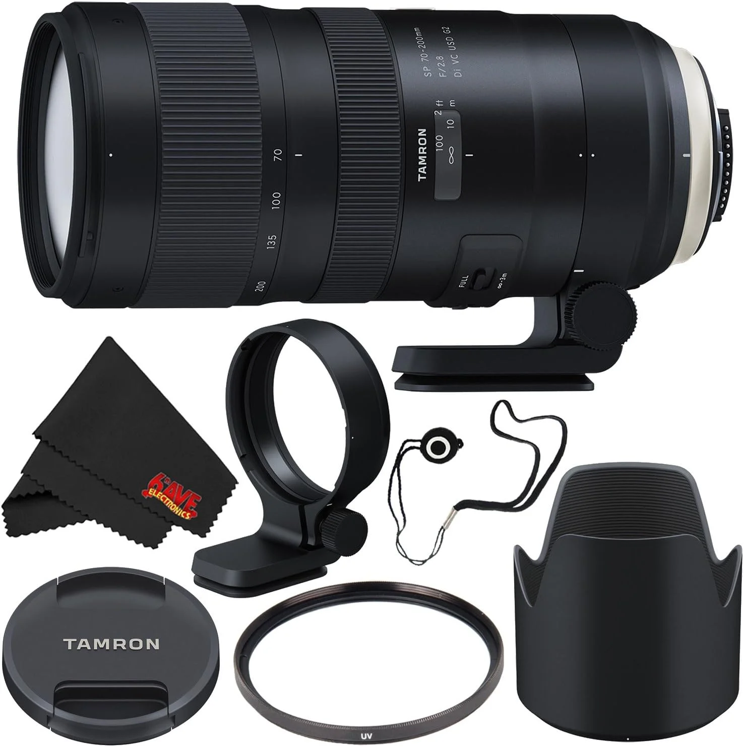 لنز تامرون 6Ave SP 70-200mm f/2.8 Di VC USD G2 برای نیکون F (مدل بین المللی) + فیلتر UV 77mm + نگهدارنده درب لنز + بسته پارچه میکروفیبر