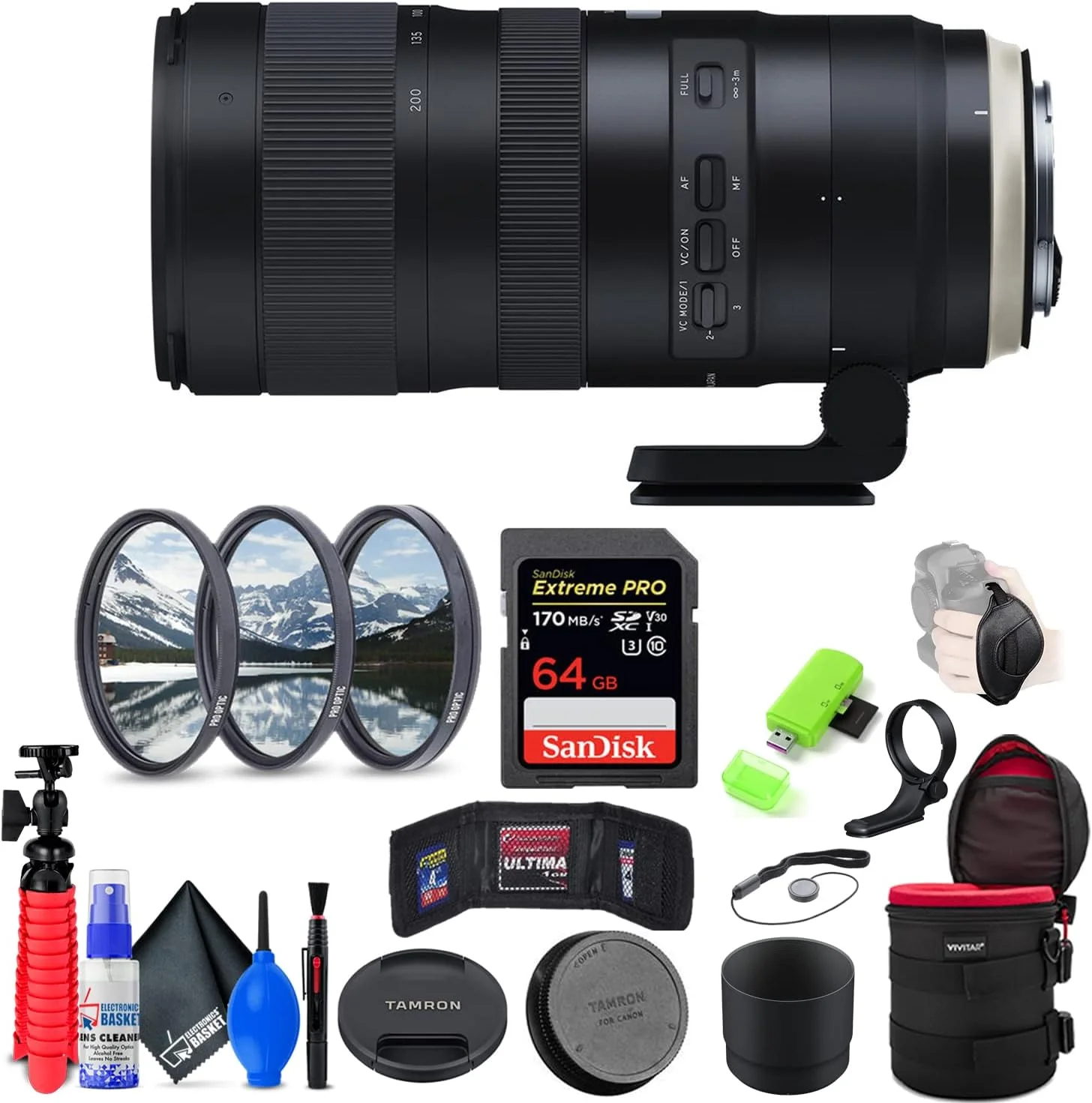 لنز تامرون SP 70-200mm f/2.8 Di VC USD G2 سازگار با Canon EF (مدل بین المللی) به همراه کارت حافظه 64 گیگابایتی Extreme Pro SD + فیلتر 77 میلی متری + کیف لنز 10 اینچی + کیف کارت حافظه + بند + کیت تمیز کننده