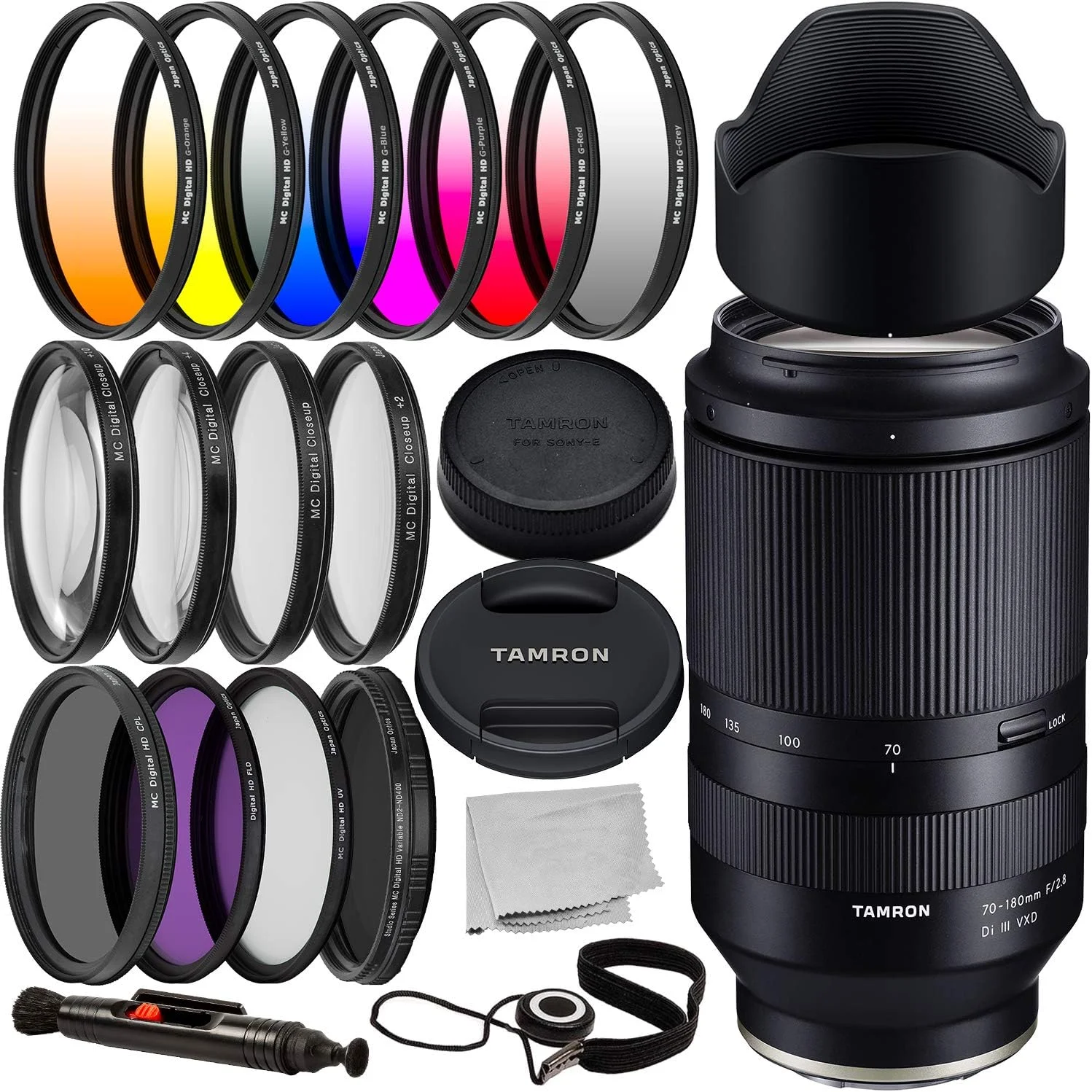 لنز Tamron 70-180mm f/2.8 Di III VXD به همراه بسته لوازم جانبی ضروری - شامل: کیت فیلتر رنگ تدریجی 6 عددی، کیت فیلتر HD 3 عددی (UV، CPL، FLD)، فیلتر تراکم خنثی متغیر (ND2 - ND400) و موارد دیگر