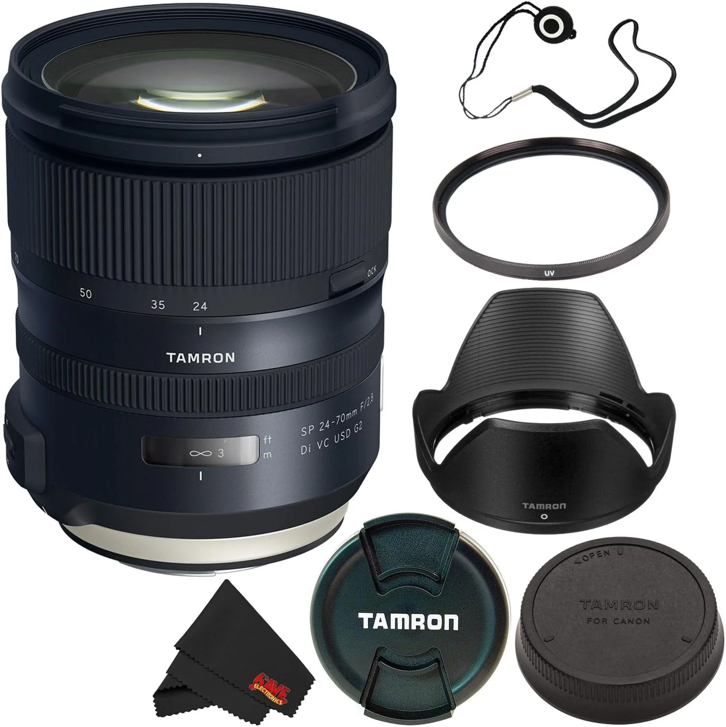 لنز Tamron 6Ave SP 24-70mm f/2.8 Di VC USD G2 Canon EF (مدل بین المللی) + فیلتر UV 82mm + نگهدارنده درب لنز + بسته پارچه میکروفایبر