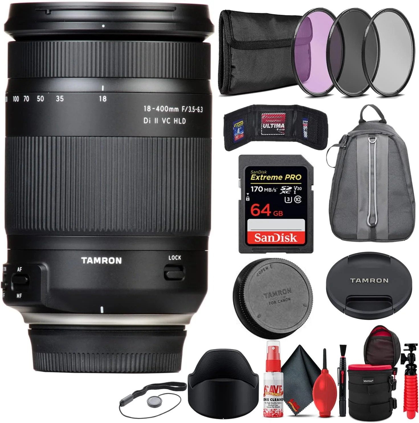 لنز تامرون 18-400mm f/3.5-6.3 Di II VC HLD برای نیکون F-Mount: کارت SD 64 گیگابایتی، کوله پشتی، مجموعه فیلتر 72 میلی متری، کیف 6 اینچی، کیف کوچک، درپوش، تمیز کننده