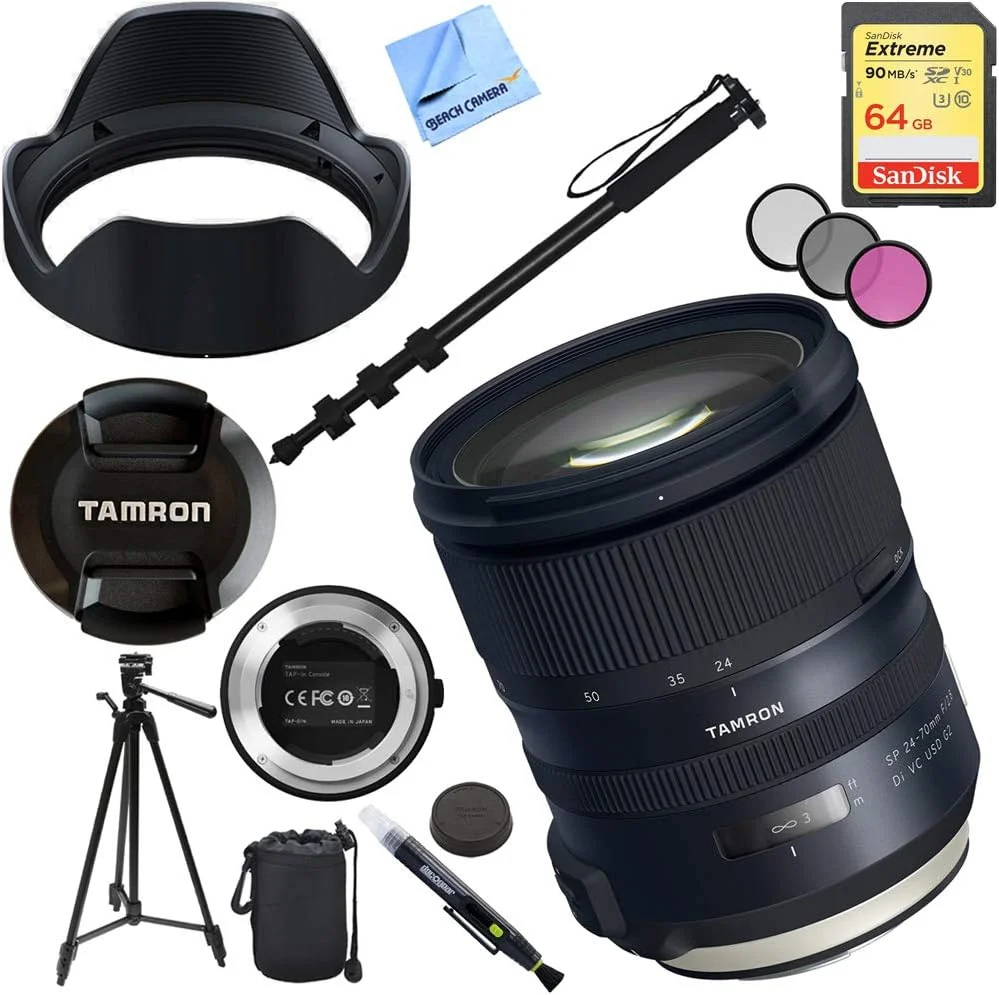 لنز Tamron SP 24-70mm f/2.8 Di VC USD G2 برای مانت Canon به همراه کنسول TAP-in، کارت حافظه 64 گیگابایتی، سه پایه 60 اینچی، تک پایه، کیت فیلتر 82 میلی متری، قلم تمیز کننده لنز، کیف لنز و پارچه