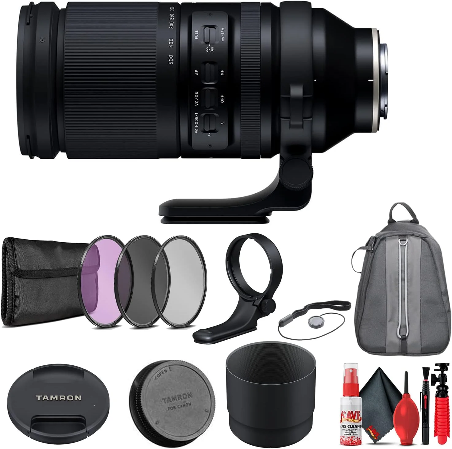 لنز تامرون 150-500mm f/5-6.7 Di III VXD برای Sony E-Mount (AFA057S-700) + کوله پشتی پد دار + مجموعه فیلتر 3 تکه 82 میلی متری + درپوش لنز + کیت تمیز کننده لنز 6Ave (مدل بین المللی)