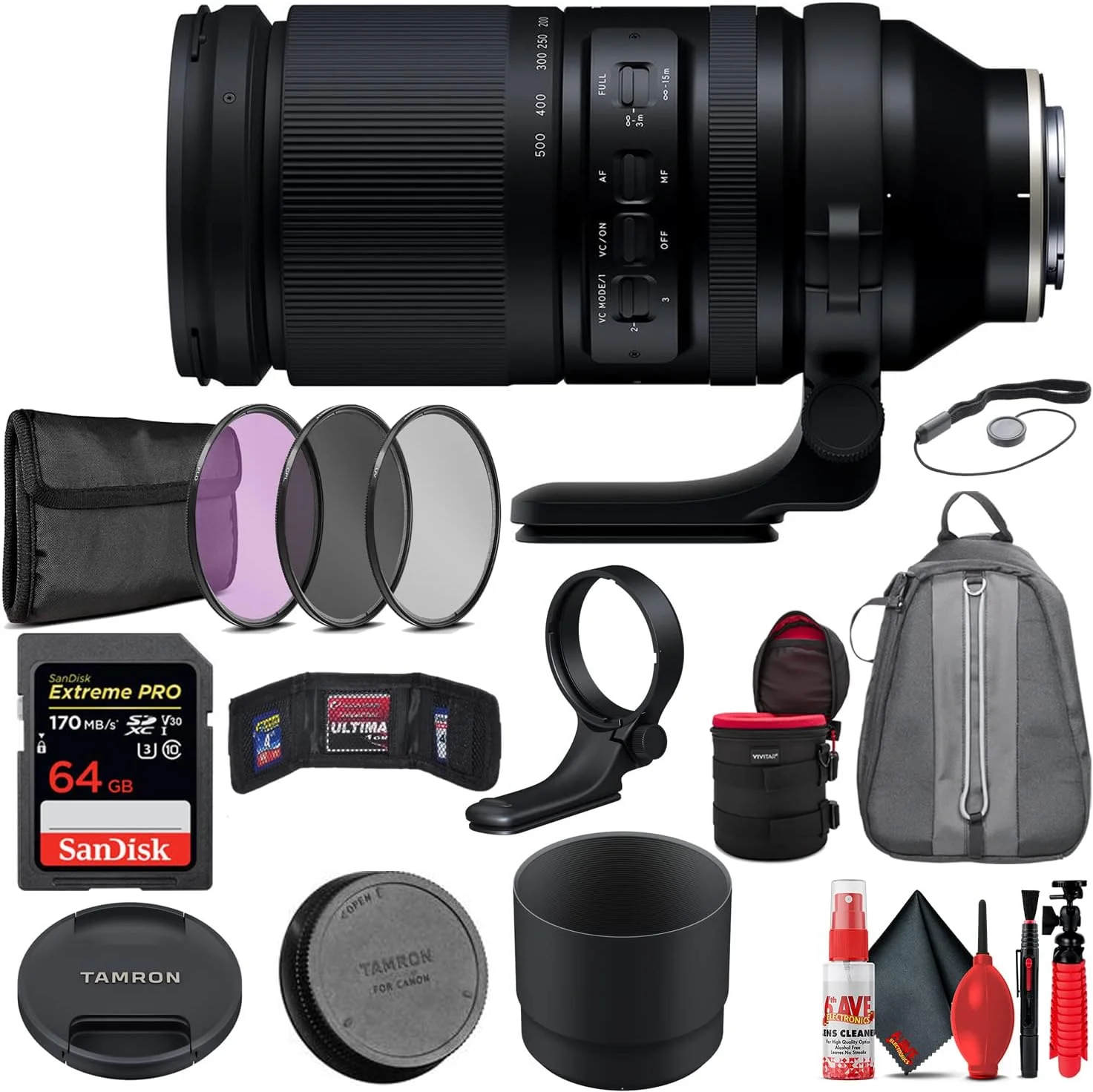 لنز تامرون 150-500mm f/5-6.7 Di III VXD برای Sony E-Mount (AFA057S-700) همراه با: کارت SD 64 گیگابایتی، کوله پشتی، مجموعه فیلتر 82 میلی متری، کیف لنز 10 اینچی، کیف کارت SD، درپوش لنز، تمیز کننده لنز (مدل بین المللی)