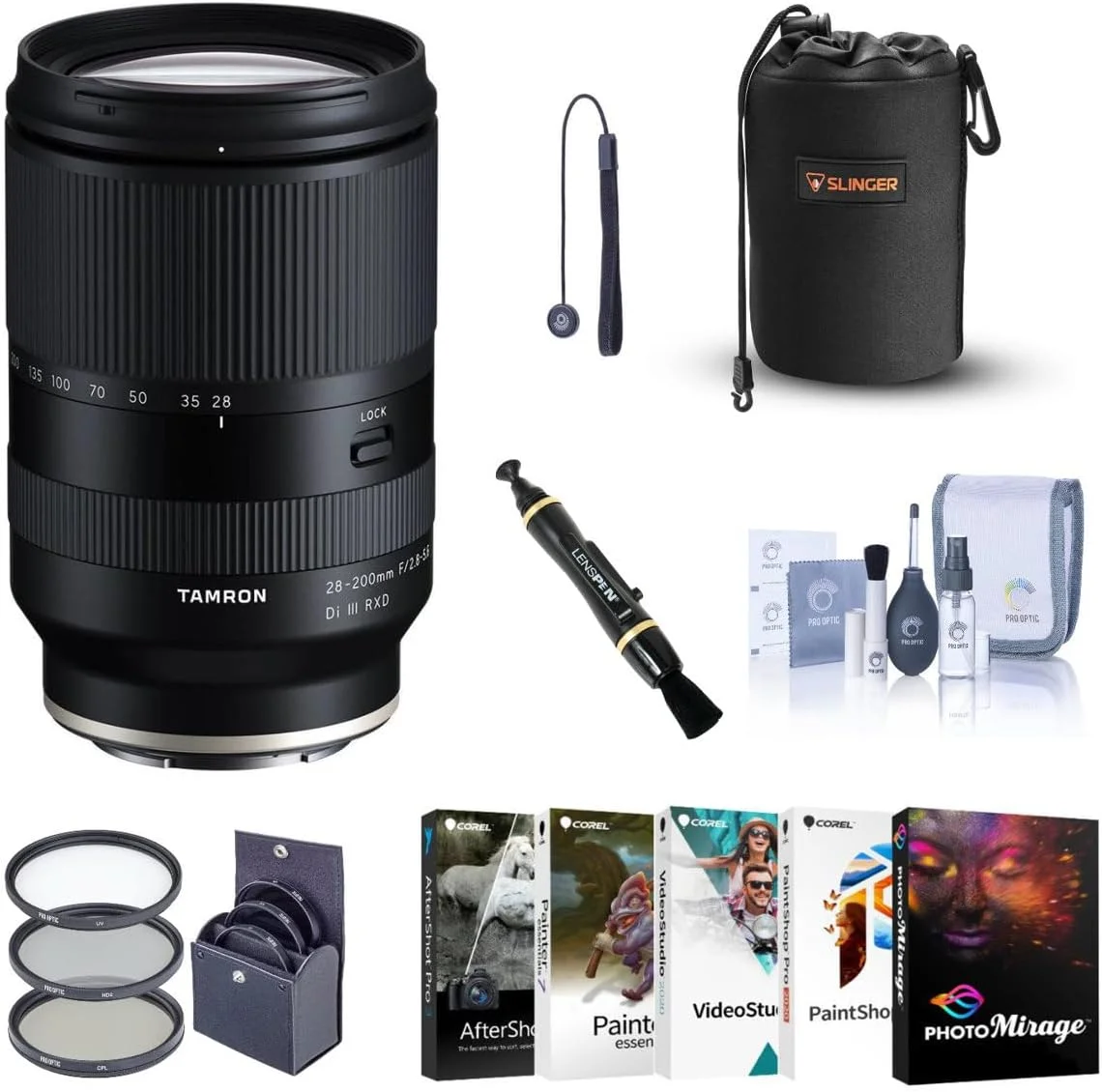 لنز تامرون 28-200mm f/2.8-5.6 Di III RXD برای Sony E، به همراه کیت فیلتر ProOptic 67mm، کیت نرم افزار PC، کیت تمیز کننده، بند درب لنز، تمیز کننده لنز