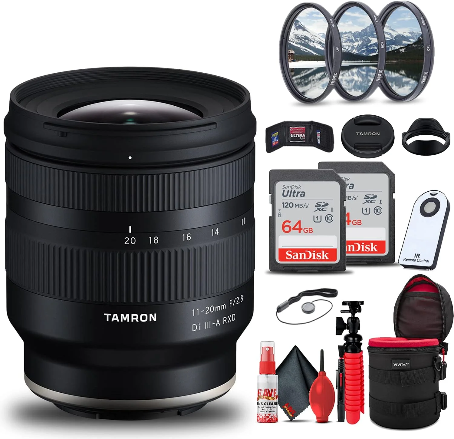 لنز Tamron 11-20mm f/2.8 Di III-A RXD برای Sony E (AFB060S-700) مدل بین المللی به همراه 2 عدد کارت SD 64 گیگابایتی + کیف لنز + ریموت کنترل بی سیم + سه پایه انعطاف پذیر + کیت فیلتر 3 تکه + کیت تمیز کننده لنز