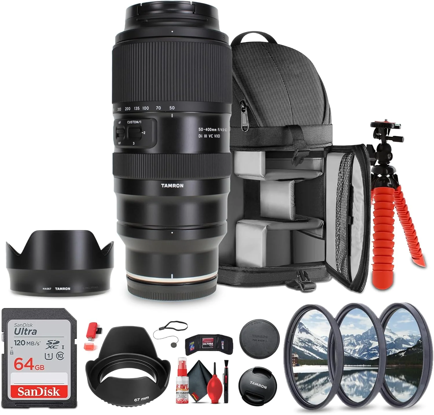 لنز تامرون 50-400mm f/4.5-6.3 Di III VC VXD (نیکون Z) (AFA067Z700) + کوله پشتی اسلینگ + نرم افزار عکاسی + کارت حافظه 64 گیگابایتی + کیت فیلتر لنز + سه پایه انعطاف پذیر + کیت تمیز کننده + هود لنز + موارد دیگر