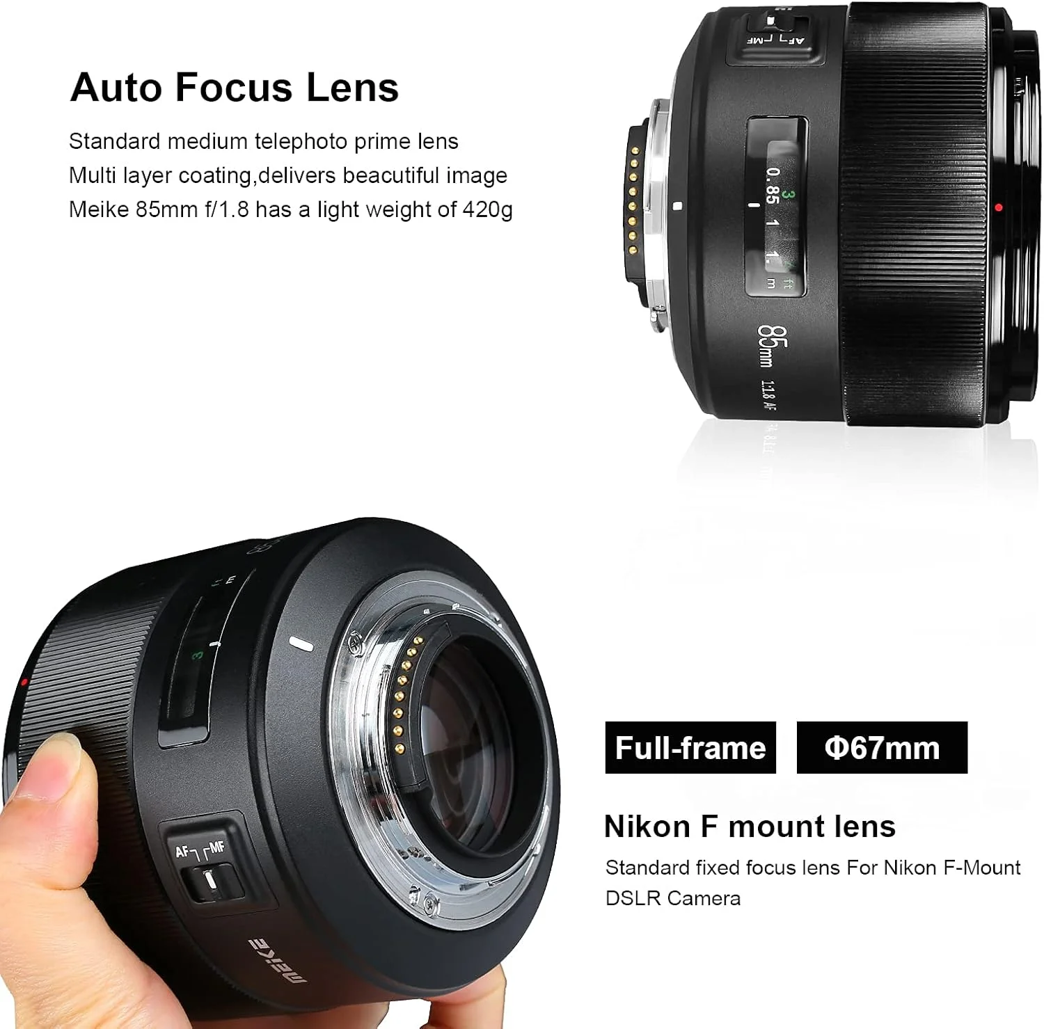 لنز تله فوتو 85 میلیمتری Meike با دیافراگم بزرگ f1.8 و فوکوس خودکار فول فریم برای دوربینهای DSLR نیکون با مانت F سازگار با بدنه APS C مانند 610 D750 D780 D810 D850 D3300 D3500 D5100 D5200 D5300 D7100 D7200 لنز تله فوتو 85 میلیمتری Meike با دیافراگم بزرگ f1.8 و فوکوس خودکار فول فریم برای دوربینهای DSLR نیکون با مانت F سازگار با بدنه APS C مانند 610 D750 D780 D810 D850 D3300 D3500 D5100 D5200 D5300 D7100 D7200