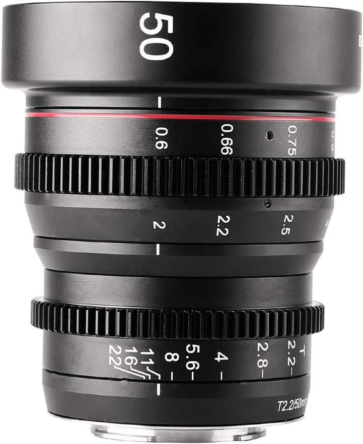 لنز سینمایی مینی پرایم ثابت 50mm T2.2 با زاویه دید عریض و فوکوس دستی Meike برای دوربین های M43 Micro Four Thirds با مانت MFT و دوربین های BMPCC 4K Z CAM E2