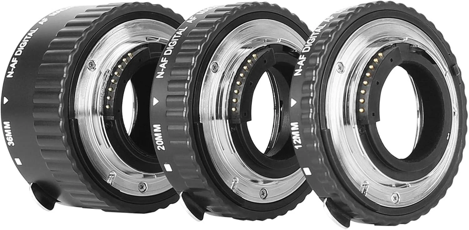 آداپتور لوله افزایش طول ماکرو فلزی با فوکوس خودکار الکترونیکی MEIKE MK-N-AF1-A برای دوربین های DSLR نیکون مدل های D80 D90 D300 D300S D800 D3100 D3200 D3400 D5000 D5100 D5200 D7000 D7100 (بدون لوگوی Meike)