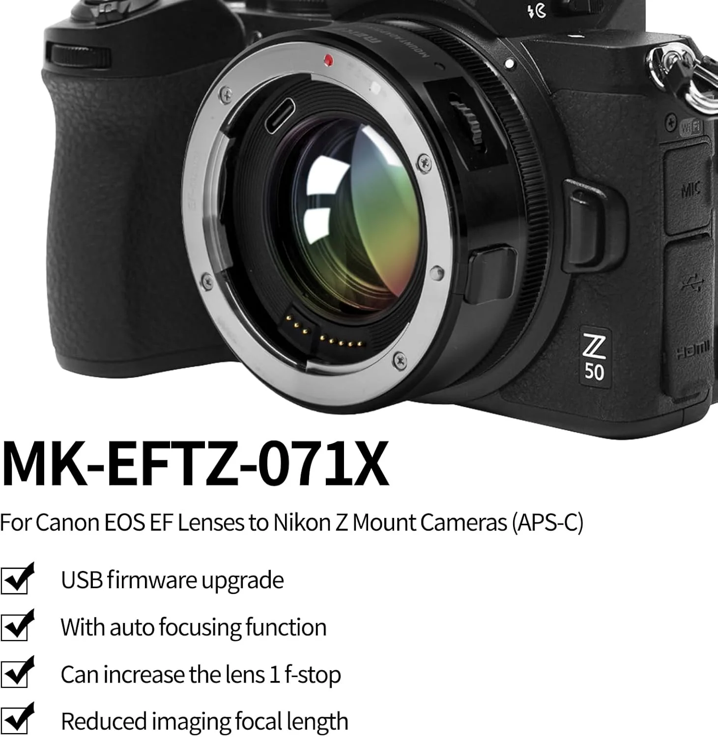 آداپتور لنز Meike EFTR-0.71X با بوستر سرعت 0.71x و کاهش دهنده فاصله کانونی، مبدل مانت لنز برای لنزهای Canon EF به دوربین های سری Nikon Z مدل های Z50 Z30 Zfc