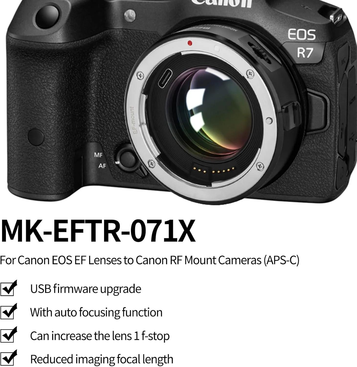 آداپتور لنز Meike EFTR-0.71X، بوستر سرعت 0.71x، مبدل مانت لنز کاهنده فاصله کانونی برای لنزهای مانت Canon EF به دوربین های Canon APS-C EOS R10